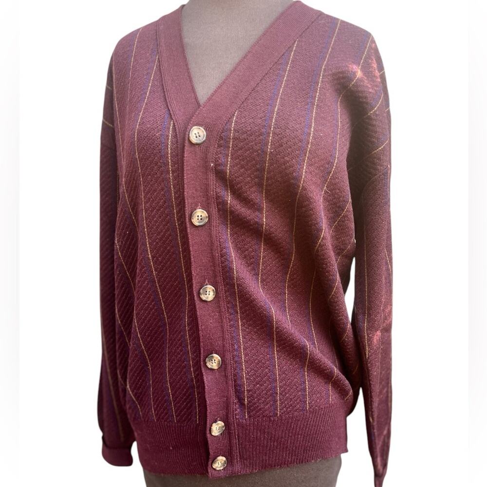 Vtg 80s Burgundy Striped Wool Preppy Relaxed Grandpa Cardigan M